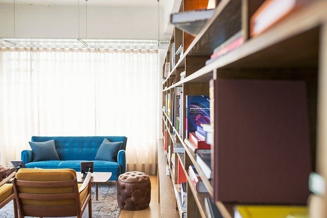 bibliothèque, livre, canapé